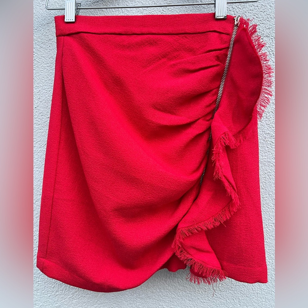 About Us red mini side zip up skirt, ruffles and fringe, Size XS
